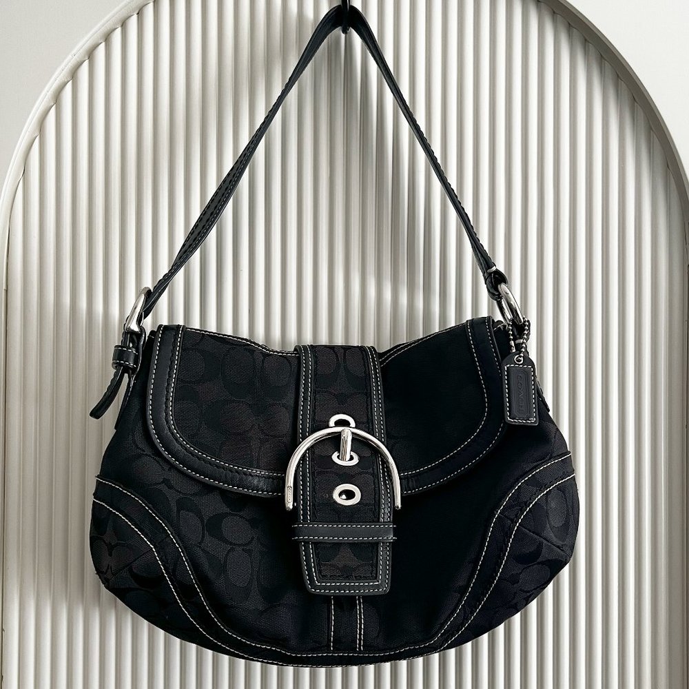 Coach Signature Soho Black Monogram Canvas and Leather Shoulder Bag